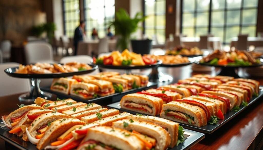 A beautifully arranged catering platter featuring a variety of sandwich halves, including vibrant vegetables, deli meats, and assorted cheeses, is set on a polished wooden table. In the foreground, a close-up of a colorful platter shows neatly cut six-inch subs, garnished with fresh herbs and served on elegant serving trays. The middle ground displays additional platters with enticing salads and snacks, creating an inviting atmosphere. Soft, natural lighting from large windows bathes the scene in a warm glow, enhancing the presentation of the food. In the background, a blurred glimpse of a well-organized event space suggests a casual yet sophisticated gathering. The mood is friendly and communal, perfect for showcasing value strategies for group orders.