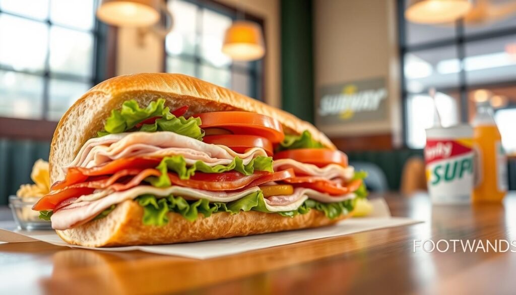A beautifully arranged footlong sub sandwich, showcasing vibrant layers of fresh ingredients. In the foreground, the sandwich is seen from a slight angle, featuring succulent meats like turkey and ham, crisp lettuce, ripe tomatoes, and tangy pickles, all nestled inside a perfectly toasted hoagie roll. The middle ground includes a small selection of side items like potato chips and a drink, adding depth to the composition. The background is softly blurred, highlighting a warm and inviting Subway restaurant ambiance with natural light streaming through large windows. The overall mood is casual yet appetizing, designed to evoke hunger and interest in the signature series sandwiches, captured with a shallow depth of field for focus on the footlong. A beautifully arranged footlong sub sandwich, showcasing vibrant layers of fresh ingredients. In the foreground, the sandwich is seen from a slight angle, featuring succulent meats like turkey and ham, crisp lettuce, ripe tomatoes, and tangy pickles, all nestled inside a perfectly toasted hoagie roll. The middle ground includes a small selection of side items like potato chips and a drink, adding depth to the composition. The background is softly blurred, highlighting a warm and inviting Subway restaurant ambiance with natural light streaming through large windows. The overall mood is casual yet appetizing, designed to evoke hunger and interest in the signature series sandwiches, captured with a shallow depth of field for focus on the footlong.