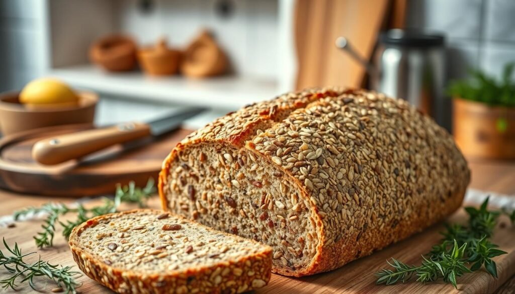 A beautifully arranged loaf of hearty multigrain bread, showcasing its rich texture and golden-brown crust, sits prominently in the foreground. The loaf is sliced to reveal a plethora of seeds and grains, including sunflower seeds, oats, and flaxseeds, with a light sheen of freshly brushed olive oil. In the middle ground, rustic wooden serving platters and knife add warmth and authenticity, surrounded by delicate herbs, evoking a fresh bakery environment. The background is softly blurred, featuring a cozy kitchen setting with warm lighting, allowing the bread to be the focal point. The atmosphere is inviting and wholesome, perfect for a healthy meal choice. The image is captured from a slight overhead angle to emphasize the bread’s details and charm, enhancing its appeal as a nutritious option. A beautifully arranged loaf of hearty multigrain bread, showcasing its rich texture and golden-brown crust, sits prominently in the foreground. The loaf is sliced to reveal a plethora of seeds and grains, including sunflower seeds, oats, and flaxseeds, with a light sheen of freshly brushed olive oil. In the middle ground, rustic wooden serving platters and knife add warmth and authenticity, surrounded by delicate herbs, evoking a fresh bakery environment. The background is softly blurred, featuring a cozy kitchen setting with warm lighting, allowing the bread to be the focal point. The atmosphere is inviting and wholesome, perfect for a healthy meal choice. The image is captured from a slight overhead angle to emphasize the bread’s details and charm, enhancing its appeal as a nutritious option.