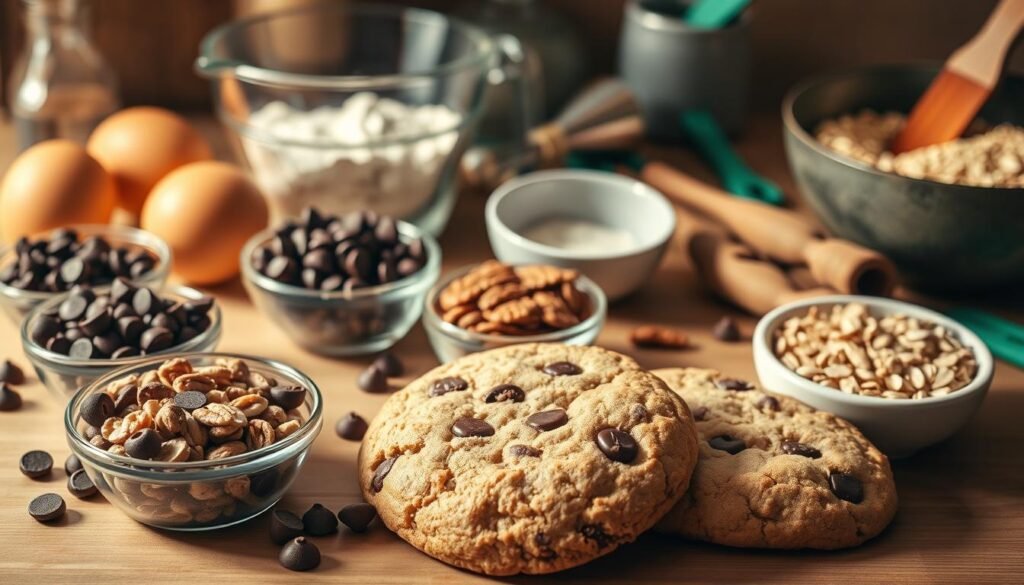 A beautifully arranged overhead shot of various fresh ingredients for a footlong cookie. In the foreground, display a large, soft cookie alongside bowls of chocolate chips, nuts, and oats, emphasizing their textures. The middle ground features raw eggs, flour, and a measuring cup, creating a home-baking atmosphere. In the background, softly blurred kitchen utensils such as mixing bowls and a spatula hint at the baking process. Warm, natural lighting illuminates the scene, casting gentle shadows that enhance the richness of the ingredients. The mood is cozy and inviting, perfect for illustrating the nutritional profile and ingredient breakdown of a Subway footlong cookie. A beautifully arranged overhead shot of various fresh ingredients for a footlong cookie. In the foreground, display a large, soft cookie alongside bowls of chocolate chips, nuts, and oats, emphasizing their textures. The middle ground features raw eggs, flour, and a measuring cup, creating a home-baking atmosphere. In the background, softly blurred kitchen utensils such as mixing bowls and a spatula hint at the baking process. Warm, natural lighting illuminates the scene, casting gentle shadows that enhance the richness of the ingredients. The mood is cozy and inviting, perfect for illustrating the nutritional profile and ingredient breakdown of a Subway footlong cookie.
