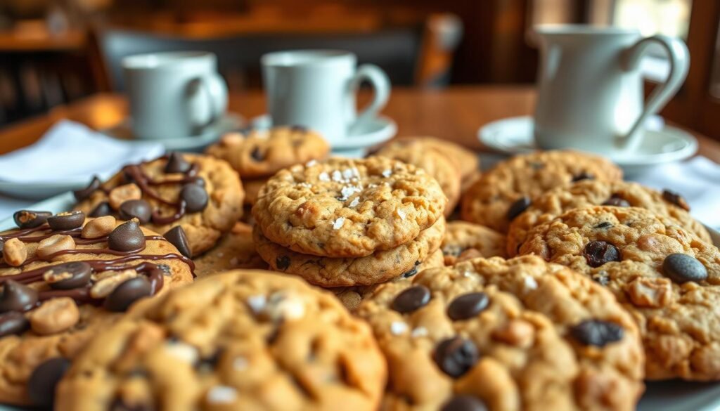 A beautifully arranged platter of freshly baked cookies, showcasing a variety of flavors and textures. In the foreground, include chocolate chip, oatmeal raisin, and peanut butter cookies, some with chocolate drizzle and a sprinkle of sea salt on top. The middle ground should feature a small stack of cookies, with a warm, inviting glow reflecting off their golden surfaces, suggesting warmth and indulgence. In the background, softly blurred, display a cozy café setting with a wooden table and subtle coffee mugs hinting at a shared experience. Use soft, natural lighting to create a comforting atmosphere, reminiscent of a delicious treat after a meal. Capture the scene from a slightly elevated angle to emphasize the rich details of each cookie. A beautifully arranged platter of freshly baked cookies, showcasing a variety of flavors and textures. In the foreground, include chocolate chip, oatmeal raisin, and peanut butter cookies, some with chocolate drizzle and a sprinkle of sea salt on top. The middle ground should feature a small stack of cookies, with a warm, inviting glow reflecting off their golden surfaces, suggesting warmth and indulgence. In the background, softly blurred, display a cozy café setting with a wooden table and subtle coffee mugs hinting at a shared experience. Use soft, natural lighting to create a comforting atmosphere, reminiscent of a delicious treat after a meal. Capture the scene from a slightly elevated angle to emphasize the rich details of each cookie.