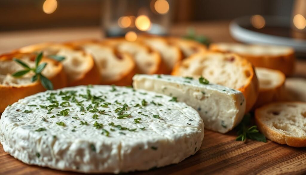 A beautifully arranged platter of herb cheese, showcasing a textured, creamy surface sprinkled with vibrant, finely chopped herbs like basil, rosemary, and parsley. In the foreground, the cheese is elegantly sliced, revealing its rich, inviting interior. Surrounding the cheese, rustic slices of Italian bread are artfully placed, showcasing their golden crust and soft, airy crumb. In the background, a softly blurred table setting with natural wood tones and warm ambient lighting creates a cozy and inviting atmosphere. The image is captured with a shallow depth of field from a slightly elevated angle, allowing the textures of both the cheese and the bread to pop and draw the viewer's eye, evoking a sense of authentic Italian culinary delight. A beautifully arranged platter of herb cheese, showcasing a textured, creamy surface sprinkled with vibrant, finely chopped herbs like basil, rosemary, and parsley. In the foreground, the cheese is elegantly sliced, revealing its rich, inviting interior. Surrounding the cheese, rustic slices of Italian bread are artfully placed, showcasing their golden crust and soft, airy crumb. In the background, a softly blurred table setting with natural wood tones and warm ambient lighting creates a cozy and inviting atmosphere. The image is captured with a shallow depth of field from a slightly elevated angle, allowing the textures of both the cheese and the bread to pop and draw the viewer's eye, evoking a sense of authentic Italian culinary delight.