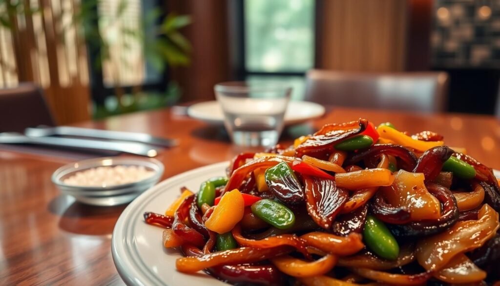 A beautifully plated sweet onion teriyaki dish, featuring caramelized onions glistening in a rich, dark teriyaki glaze, interspersed with colorful fresh vegetables like bell peppers and snap peas. In the foreground, a close-up of the dish is captured, showcasing the texture of the onions and the vibrant colors of the veggies. The middle of the image includes a polished wooden table set with elegant dining utensils and a small dish of sesame seeds. In the background, softly blurred bamboo decor creates an Asian-inspired ambiance, complemented by warm, inviting lighting that enhances the dish's appeal. The scene conveys a sense of culinary innovation and sophistication, evoking a mood of excitement and delight for the palate.