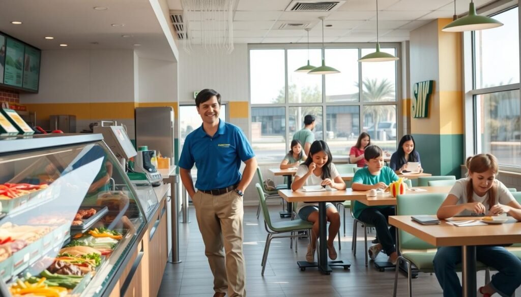 A bright and inviting subway restaurant interior, showcasing a clean and modern design. In the foreground, a well-lit counter displays a variety of fresh sandwich ingredients, including colorful vegetables and meats. Behind the counter, experienced staff in blue polo shirts and khaki pants are preparing subs, smiling as they serve customers. The middle ground features tables with families enjoying their meals, highlighting a sense of community. Large windows in the background let in natural light, giving the scene a cheerful atmosphere. The restaurant's signature green and yellow branding is subtly integrated into the decor. Capture the image with a wide-angle lens, focusing on capturing the warmth and inviting feel of the space. The overall mood should convey a bustling yet relaxed dining experience, perfect for any visitor looking for a quick meal. A bright and inviting subway restaurant interior, showcasing a clean and modern design. In the foreground, a well-lit counter displays a variety of fresh sandwich ingredients, including colorful vegetables and meats. Behind the counter, experienced staff in blue polo shirts and khaki pants are preparing subs, smiling as they serve customers. The middle ground features tables with families enjoying their meals, highlighting a sense of community. Large windows in the background let in natural light, giving the scene a cheerful atmosphere. The restaurant's signature green and yellow branding is subtly integrated into the decor. Capture the image with a wide-angle lens, focusing on capturing the warmth and inviting feel of the space. The overall mood should convey a bustling yet relaxed dining experience, perfect for any visitor looking for a quick meal.