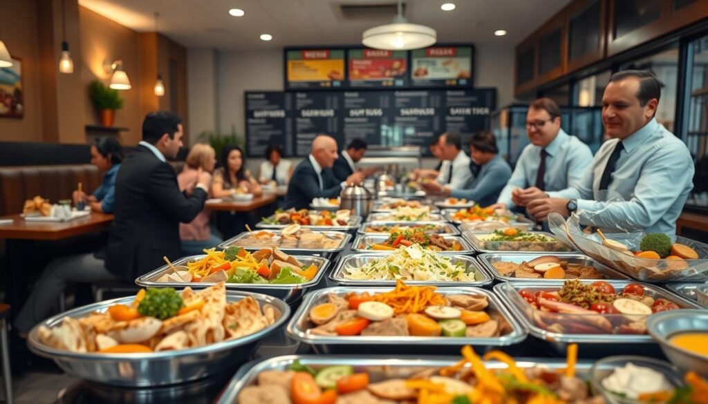 A bustling restaurant scene depicting a variety of delicious meals, with trays of colorful dishes including sandwiches, salads, and desserts prominently showcased in the foreground. In the middle ground, a diverse group of customers, dressed in professional business attire, are seated at tables, enjoying their meals and interacting with each other. The background features a welcoming atmosphere with soft lighting, adding a warm glow to the space, while displaying a menu board highlighting different meal options. The angle is slightly elevated to capture the entire dining experience, creating a vibrant and engaging scene that conveys the concept of a community-friendly meal program. The overall mood is inviting and cheerful, emphasizing the accessibility of meals for all. A bustling restaurant scene depicting a variety of delicious meals, with trays of colorful dishes including sandwiches, salads, and desserts prominently showcased in the foreground. In the middle ground, a diverse group of customers, dressed in professional business attire, are seated at tables, enjoying their meals and interacting with each other. The background features a welcoming atmosphere with soft lighting, adding a warm glow to the space, while displaying a menu board highlighting different meal options. The angle is slightly elevated to capture the entire dining experience, creating a vibrant and engaging scene that conveys the concept of a community-friendly meal program. The overall mood is inviting and cheerful, emphasizing the accessibility of meals for all.
