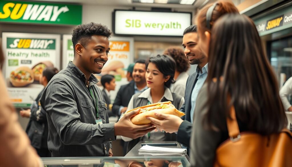 A bustling subway station scene showcasing a diverse group of employees in professional attire, such as uniforms and business casual wear, interacting with customers. In the foreground, a friendly Subway sandwich artist hands a freshly made sub to a customer at the counter, while in the middle ground, a manager assists another customer with an inquiry. The background features subway advertisement posters related to menu offerings and health initiatives. The lighting is bright and welcoming, mimicking sunlight filtering through station windows. Use a slight depth of field to focus on the employees' expressions while capturing the energetic atmosphere of the subway environment. The mood should evoke professionalism and approachability, perfect for illustrating the workforce diversity within the Subway brand. A bustling subway station scene showcasing a diverse group of employees in professional attire, such as uniforms and business casual wear, interacting with customers. In the foreground, a friendly Subway sandwich artist hands a freshly made sub to a customer at the counter, while in the middle ground, a manager assists another customer with an inquiry. The background features subway advertisement posters related to menu offerings and health initiatives. The lighting is bright and welcoming, mimicking sunlight filtering through station windows. Use a slight depth of field to focus on the employees' expressions while capturing the energetic atmosphere of the subway environment. The mood should evoke professionalism and approachability, perfect for illustrating the workforce diversity within the Subway brand.