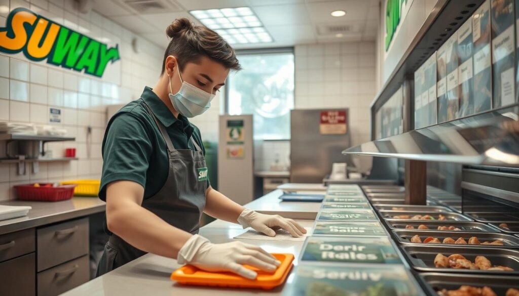 A clean and organized Subway restaurant kitchen scene illustrating strict safety sanitation protocols. In the foreground, a diligent young employee in a professional Subway uniform, wearing a hygiene mask and gloves, thoroughly sanitizing countertops and food preparation areas with visible cleaning supplies. In the middle ground, carefully organized food items in labeled containers, adhering to safe food handling measures. The background features a bright, well-lit kitchen with clean utensils, a handwashing station, and clearly marked safety signs on the walls. Natural light filters in from a window, creating a bright, optimistic atmosphere indicative of a safe working environment. The mood is professional and focused, emphasizing commitment to sanitation and safety in food service. A clean and organized Subway restaurant kitchen scene illustrating strict safety sanitation protocols. In the foreground, a diligent young employee in a professional Subway uniform, wearing a hygiene mask and gloves, thoroughly sanitizing countertops and food preparation areas with visible cleaning supplies. In the middle ground, carefully organized food items in labeled containers, adhering to safe food handling measures. The background features a bright, well-lit kitchen with clean utensils, a handwashing station, and clearly marked safety signs on the walls. Natural light filters in from a window, creating a bright, optimistic atmosphere indicative of a safe working environment. The mood is professional and focused, emphasizing commitment to sanitation and safety in food service.