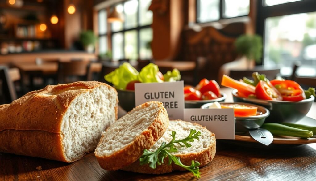 A close-up composition of a thoughtfully arranged table featuring gluten-free ingredients suitable for a sandwich. In the foreground, a fresh gluten-free bread loaf, golden-brown and crusty, is cutting open, revealing soft, fluffy insides. Beside it, neatly placed bowls of fresh vegetables, such as ripe tomatoes, crunchy lettuce, and sliced peppers, add vibrant colors. In the middle ground, a sleek menu card highlights gluten-free options in subtle lettering. In the background, a warm, inviting cafe atmosphere with soft lighting creates a sense of comfort. The scene is framed by natural light streaming in through a large window, casting gentle shadows, enhancing the mood of safety and inclusivity for gluten-sensitive diners.