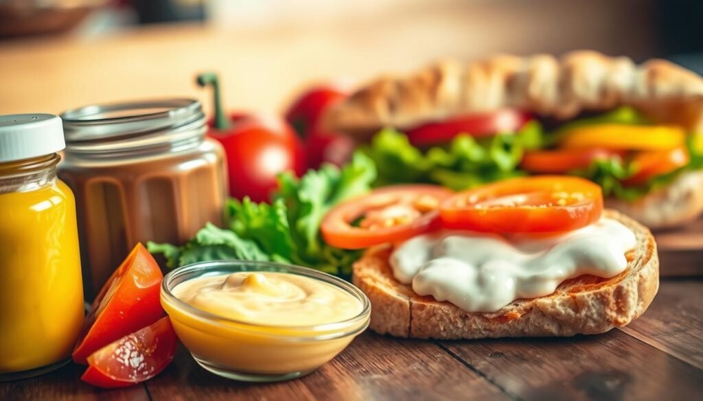 A close-up image of a variety of condiments and toppings commonly found at sandwich shops, arranged artistically on a wooden table. In the foreground, jars of mustard, mayonnaise, and aioli are open, showcasing their vibrant colors. Slices of fresh tomatoes, crisp lettuce, and colorful bell peppers add a fresh, healthy vibe. The middle ground features a slightly blurred sandwich half, showcasing layers of healthy ingredients. In the background, a soft-focus subway sandwich with bright toppings is partially visible, hinting at the overall theme. The lighting is warm and inviting, with natural light highlighting the textures and colors of the ingredients. The atmosphere is fresh and vibrant, perfect for illustrating the impact of toppings on dietary choices. A close-up image of a variety of condiments and toppings commonly found at sandwich shops, arranged artistically on a wooden table. In the foreground, jars of mustard, mayonnaise, and aioli are open, showcasing their vibrant colors. Slices of fresh tomatoes, crisp lettuce, and colorful bell peppers add a fresh, healthy vibe. The middle ground features a slightly blurred sandwich half, showcasing layers of healthy ingredients. In the background, a soft-focus subway sandwich with bright toppings is partially visible, hinting at the overall theme. The lighting is warm and inviting, with natural light highlighting the textures and colors of the ingredients. The atmosphere is fresh and vibrant, perfect for illustrating the impact of toppings on dietary choices.