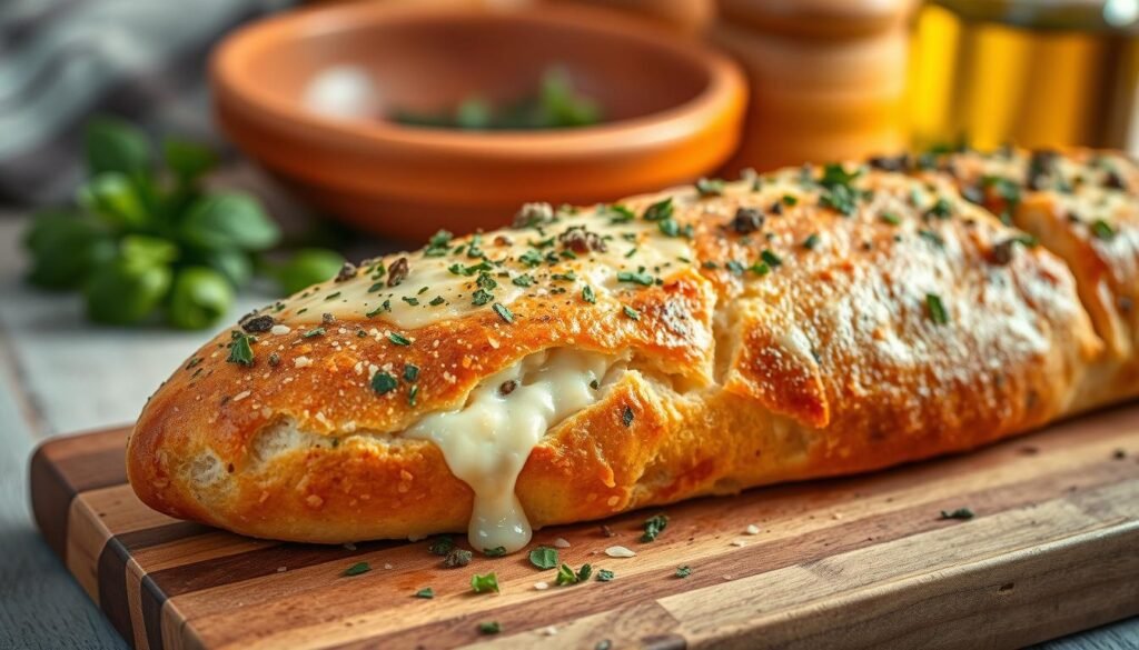 A close-up of a freshly baked Italian bread loaf generously topped with a vibrant blend of Italian herb cheese. In the foreground, display a wooden cutting board with the bread resting on it, showcasing its crusty golden-brown exterior, with melted cheese oozing from the edges, glistening under soft, warm overhead lighting. The middle ground features a sprinkle of finely chopped basil, oregano, and parsley for added texture and color. In the background, softly blurred out, are rustic kitchen elements like a terracotta dish and olive oil bottle, suggesting a homely Italian kitchen setting. The mood is inviting and warm, evoking the comfort of traditional Italian cooking, with a focus on the delicious, herb-infused cheese topping that enhances the bread's appeal. A close-up of a freshly baked Italian bread loaf generously topped with a vibrant blend of Italian herb cheese. In the foreground, display a wooden cutting board with the bread resting on it, showcasing its crusty golden-brown exterior, with melted cheese oozing from the edges, glistening under soft, warm overhead lighting. The middle ground features a sprinkle of finely chopped basil, oregano, and parsley for added texture and color. In the background, softly blurred out, are rustic kitchen elements like a terracotta dish and olive oil bottle, suggesting a homely Italian kitchen setting. The mood is inviting and warm, evoking the comfort of traditional Italian cooking, with a focus on the delicious, herb-infused cheese topping that enhances the bread's appeal.