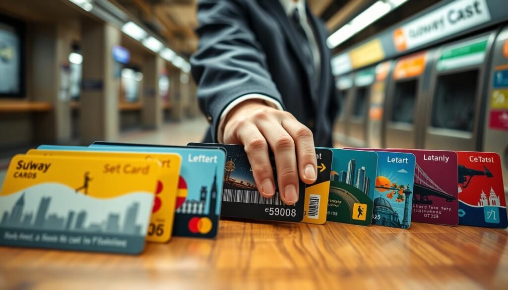 A close-up shot of various physical subway cards prominently displayed on a clean, wooden surface. In the foreground, each card is distinct, showcasing vibrant colors and designs typical of subway systems, with familiar city landmarks featured on some cards. The middle layer features a hand reaching for a card, elegantly dressed in business attire to evoke a sense of professionalism. In the background, softly blurred, are hints of a subway station, including ticket machines and informational signs, enhancing the context. Soft, natural lighting illuminates the scene, casting gentle shadows, creating a welcoming atmosphere that suggests ease of purchase. The overall mood is informative and accessible, perfect for readers seeking practical information about subway cards. A close-up shot of various physical subway cards prominently displayed on a clean, wooden surface. In the foreground, each card is distinct, showcasing vibrant colors and designs typical of subway systems, with familiar city landmarks featured on some cards. The middle layer features a hand reaching for a card, elegantly dressed in business attire to evoke a sense of professionalism. In the background, softly blurred, are hints of a subway station, including ticket machines and informational signs, enhancing the context. Soft, natural lighting illuminates the scene, casting gentle shadows, creating a welcoming atmosphere that suggests ease of purchase. The overall mood is informative and accessible, perfect for readers seeking practical information about subway cards.