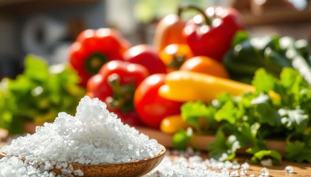 A close-up view of a crystalline structure of sodium chloride (table salt), elegantly arranged on a wooden spoon. In the foreground, the shiny, white crystals glisten under natural sunlight, creating a contrast against the warm, rustic tones of the wood. In the middle ground, a variety of colorful fresh vegetables, such as bell peppers, tomatoes, and leafy greens, are artistically displayed, hinting at healthy meal options. The background is softly blurred, suggesting a kitchen environment, with sunlight filtering through a window, casting gentle shadows. The overall mood is bright and vibrant, promoting a sense of freshness and health. The lens should capture the texture of the salt and vegetables with a shallow depth of field, emphasizing the sodium's role in nutrition. A close-up view of a crystalline structure of sodium chloride (table salt), elegantly arranged on a wooden spoon. In the foreground, the shiny, white crystals glisten under natural sunlight, creating a contrast against the warm, rustic tones of the wood. In the middle ground, a variety of colorful fresh vegetables, such as bell peppers, tomatoes, and leafy greens, are artistically displayed, hinting at healthy meal options. The background is softly blurred, suggesting a kitchen environment, with sunlight filtering through a window, casting gentle shadows. The overall mood is bright and vibrant, promoting a sense of freshness and health. The lens should capture the texture of the salt and vegetables with a shallow depth of field, emphasizing the sodium's role in nutrition.