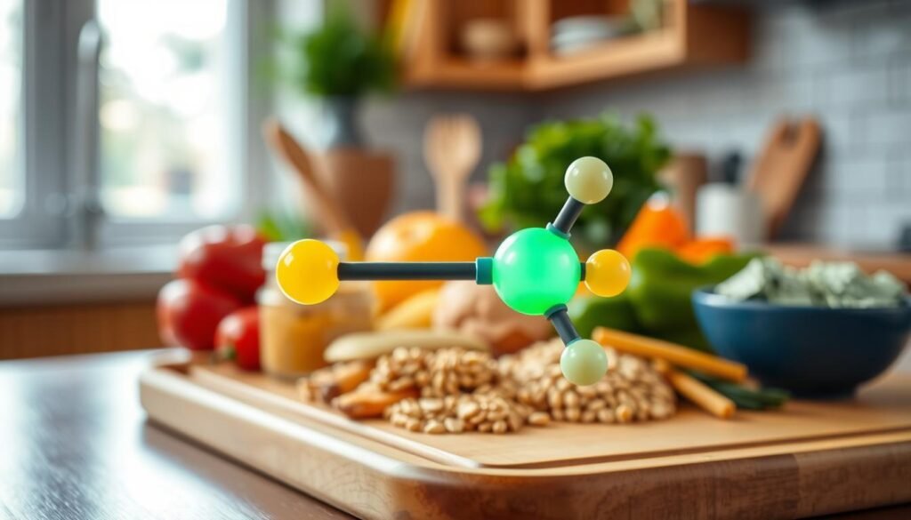 A close-up view of a sodium chloride molecule, vividly illustrating the two sodium atoms with a luminous, bright yellow glow and a single chlorine atom in a calming green hue. The foreground should feature a detailed scientific representation of the molecule, showcasing the bond angles and atomic structure. In the middle ground, include an array of heart-healthy food items like fresh vegetables, whole grains, and lean proteins, placed harmoniously on a wooden cutting board. The background should be softly blurred, suggesting a warm kitchen atmosphere with natural lighting filtering through a window. The overall mood is inviting and educational, perfect for conveying the importance of healthy meal choices. Ensure no text or watermarks are included in the image. A close-up view of a sodium chloride molecule, vividly illustrating the two sodium atoms with a luminous, bright yellow glow and a single chlorine atom in a calming green hue. The foreground should feature a detailed scientific representation of the molecule, showcasing the bond angles and atomic structure. In the middle ground, include an array of heart-healthy food items like fresh vegetables, whole grains, and lean proteins, placed harmoniously on a wooden cutting board. The background should be softly blurred, suggesting a warm kitchen atmosphere with natural lighting filtering through a window. The overall mood is inviting and educational, perfect for conveying the importance of healthy meal choices. Ensure no text or watermarks are included in the image.