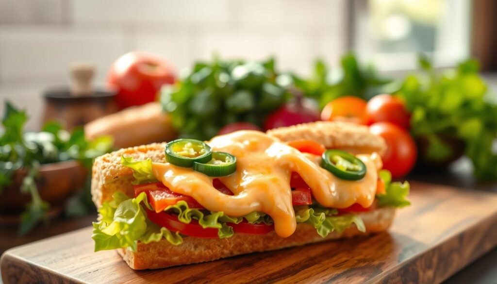 A close-up view of a vibrant, fresh Subway sandwich adorned with Chipotle Southwest sauce, elegantly drizzled over layers of neatly arranged vegetables like crunchy lettuce, juicy tomatoes, and sliced jalapeños. In the foreground, the sandwich is placed on a rustic wooden cutting board, highlighting its texture and ingredients. The middle features the creamy, spicy sauce glistening in the light, enhancing the inviting appeal of the toppings. In the background, softly blurred, are fresh herbs and ingredients that complement the sandwich, creating an inviting and appetizing atmosphere. Natural light streams in, casting gentle shadows that add depth and warmth, suggesting a cozy deli setting. The overall mood is fresh and enticing, capturing the essence of enjoying a flavorful sub with signature sauces. A close-up view of a vibrant, fresh Subway sandwich adorned with Chipotle Southwest sauce, elegantly drizzled over layers of neatly arranged vegetables like crunchy lettuce, juicy tomatoes, and sliced jalapeños. In the foreground, the sandwich is placed on a rustic wooden cutting board, highlighting its texture and ingredients. The middle features the creamy, spicy sauce glistening in the light, enhancing the inviting appeal of the toppings. In the background, softly blurred, are fresh herbs and ingredients that complement the sandwich, creating an inviting and appetizing atmosphere. Natural light streams in, casting gentle shadows that add depth and warmth, suggesting a cozy deli setting. The overall mood is fresh and enticing, capturing the essence of enjoying a flavorful sub with signature sauces.