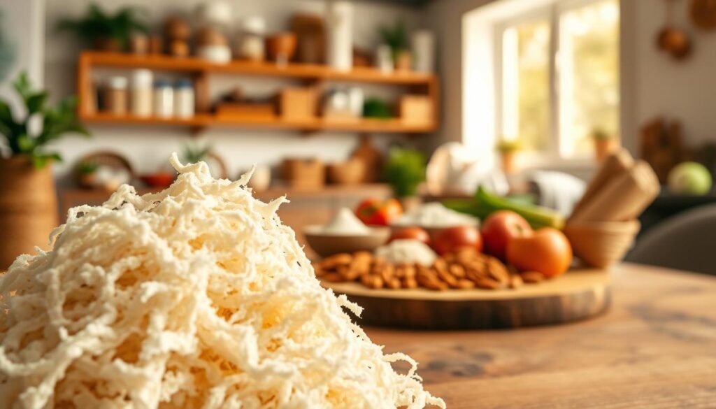 A close-up view of fluffy gluten strands intricately woven together, showcasing their elasticity and texture in the foreground. The middle ground features a rustic wooden table adorned with various gluten-free ingredients like almond flour, coconut flour, and fresh vegetables, symbolizing the gluten-free community’s alternatives. In the background, blurred shelves of gluten-free products in a cozy, inviting kitchen setting, softly lit by warm, natural light filtering through a window. The overall mood is warm and educational, emphasizing hope and inclusivity, with a subtle focus on the commitment to healthier options. Captured with a macro lens to highlight the details, creating a clear, aesthetically pleasing image that resonates with the gluten-free lifestyle.