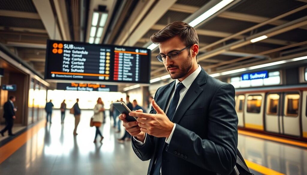 A person in professional business attire, actively engaging with the Subway app on a smartphone, set in a bright, modern subway station. In the foreground, the individual's focused expression showcases their interest in personalized recommendations from the app. The middle layer features a digital display board of the subway schedule, complemented by people waiting for their trains. The background depicts clean subway architecture with polished floors and ambient lighting, creating a welcoming atmosphere. Warm, natural light filters in through large windows, enhancing the mood of convenience and efficiency. Use a slightly elevated angle to capture both the individual and the bustling station, emphasizing the app's utility in navigating public transit. A person in professional business attire, actively engaging with the Subway app on a smartphone, set in a bright, modern subway station. In the foreground, the individual's focused expression showcases their interest in personalized recommendations from the app. The middle layer features a digital display board of the subway schedule, complemented by people waiting for their trains. The background depicts clean subway architecture with polished floors and ambient lighting, creating a welcoming atmosphere. Warm, natural light filters in through large windows, enhancing the mood of convenience and efficiency. Use a slightly elevated angle to capture both the individual and the bustling station, emphasizing the app's utility in navigating public transit.