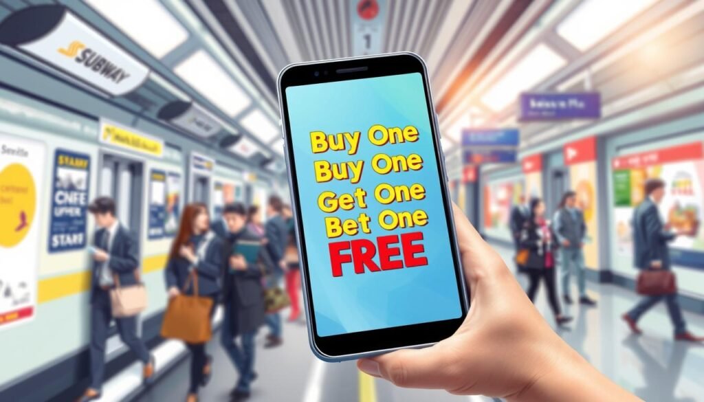 A vibrant and eye-catching illustration of a subway promotional code concept, centered on a digital screen displaying a colorful “Buy One Get One Free” offer. In the foreground, a close-up of a smartphone with the code highlighted on the screen, showcasing a sleek, modern design. The middle ground features a blurred image of a bustling subway station with commuters in professional attire, creating a sense of movement and urgency. The background includes stylized subway signs and advertisements, subtly hinting at the theme without cluttering the scene. The lighting is bright and energetic, reminiscent of a typical daytime subway atmosphere, with a focus on clarity and color contrast to draw attention to the promo code. A vibrant and eye-catching illustration of a subway promotional code concept, centered on a digital screen displaying a colorful “Buy One Get One Free” offer. In the foreground, a close-up of a smartphone with the code highlighted on the screen, showcasing a sleek, modern design. The middle ground features a blurred image of a bustling subway station with commuters in professional attire, creating a sense of movement and urgency. The background includes stylized subway signs and advertisements, subtly hinting at the theme without cluttering the scene. The lighting is bright and energetic, reminiscent of a typical daytime subway atmosphere, with a focus on clarity and color contrast to draw attention to the promo code.