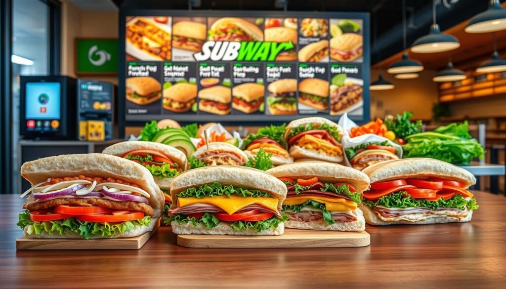 A vibrant and inviting Subway sandwich menu display, showcasing a variety of fresh sandwiches on a polished wooden table. In the foreground, focus on a selection of colorful, freshly made gourmet sandwiches, each layered with vibrant vegetables, meats, and sauces, emphasizing freshness and flavor. The middle ground features a well-organized menu board with appetizing images of featured sandwiches, surrounded by fresh ingredients like crisp lettuce, ripe tomatoes, and sliced avocados. The background should depict a modern Subway restaurant ambiance with warm lighting, highlighting the clean and welcoming atmosphere. Capture the scene with a slightly elevated angle, giving a comprehensive view that conveys an enticing and friendly vibe, perfect for food lovers. A vibrant and inviting Subway sandwich menu display, showcasing a variety of fresh sandwiches on a polished wooden table. In the foreground, focus on a selection of colorful, freshly made gourmet sandwiches, each layered with vibrant vegetables, meats, and sauces, emphasizing freshness and flavor. The middle ground features a well-organized menu board with appetizing images of featured sandwiches, surrounded by fresh ingredients like crisp lettuce, ripe tomatoes, and sliced avocados. The background should depict a modern Subway restaurant ambiance with warm lighting, highlighting the clean and welcoming atmosphere. Capture the scene with a slightly elevated angle, giving a comprehensive view that conveys an enticing and friendly vibe, perfect for food lovers.