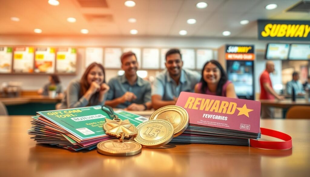 A vibrant and inviting scene centered around the concept of rewards. In the foreground, a neatly stacked collection of colorful gift cards and reward vouchers scattered on a wooden table, with a shiny, golden medal symbolizing achievement resting beside them. In the middle ground, a cheerful family enjoying a meal at a subway shop, their expressions conveying happiness and satisfaction as they celebrate redeeming their rewards. The background features a bright and modern subway restaurant interior, with enticing menus displayed and a friendly staff member assisting customers. Warm, diffused lighting casts a welcoming glow, creating a cheerful atmosphere. A slight depth-of-field effect draws focus to the rewards while hinting at the bustling environment around them. A vibrant and inviting scene centered around the concept of rewards. In the foreground, a neatly stacked collection of colorful gift cards and reward vouchers scattered on a wooden table, with a shiny, golden medal symbolizing achievement resting beside them. In the middle ground, a cheerful family enjoying a meal at a subway shop, their expressions conveying happiness and satisfaction as they celebrate redeeming their rewards. The background features a bright and modern subway restaurant interior, with enticing menus displayed and a friendly staff member assisting customers. Warm, diffused lighting casts a welcoming glow, creating a cheerful atmosphere. A slight depth-of-field effect draws focus to the rewards while hinting at the bustling environment around them.