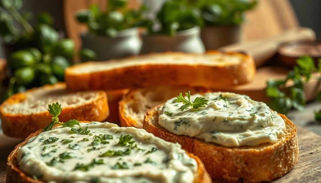 A vibrant close-up of a creamy herb cheese spread artistically placed on a rustic Italian bread. In the foreground, showcase the textured surface of the soft cheese dotted with fresh green herbs like basil and parsley, glistening under soft, natural light. The middle ground features slices of golden-brown Italian bread, their crusts perfectly crisped and warm, invitingly arranged to emphasize the cheese. In the background, softly blurred kitchen elements create a cozy ambiance, like herbs in pots and a wooden cutting board. The mood is warm and inviting, capturing the essence of traditional Italian cooking. The scene is captured from a slightly elevated angle to enhance depth, highlighting the color contrasts between the creamy cheese and the warm bread. A vibrant close-up of a creamy herb cheese spread artistically placed on a rustic Italian bread. In the foreground, showcase the textured surface of the soft cheese dotted with fresh green herbs like basil and parsley, glistening under soft, natural light. The middle ground features slices of golden-brown Italian bread, their crusts perfectly crisped and warm, invitingly arranged to emphasize the cheese. In the background, softly blurred kitchen elements create a cozy ambiance, like herbs in pots and a wooden cutting board. The mood is warm and inviting, capturing the essence of traditional Italian cooking. The scene is captured from a slightly elevated angle to enhance depth, highlighting the color contrasts between the creamy cheese and the warm bread.