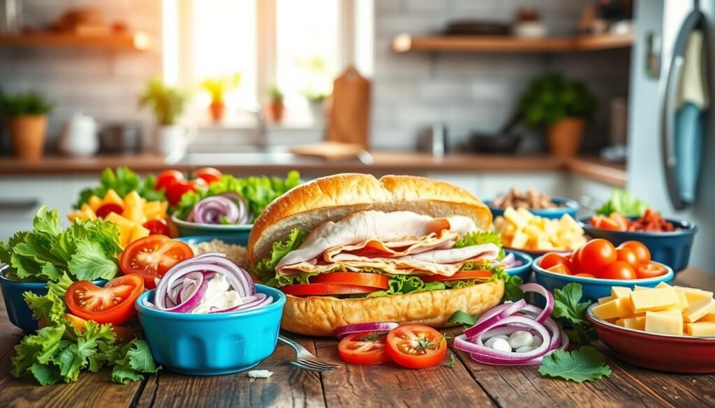 A vibrant, close-up view of a "build your own sandwich" setup on a rustic wooden table. The foreground features an array of fresh ingredients: crisp lettuce, ripe tomatoes, sliced onions, various cheeses, and multiple protein options like turkey and ham, all neatly arranged in colorful bowls. In the middle, a freshly baked sub roll lies open, invitingly filled with a selection of toppings. The background includes a subtly blurred kitchen setting with a light, airy ambiance, showcasing natural daylight streaming through a window to create a warm and inviting atmosphere. The scene conveys a sense of creativity and personalization, inviting the viewer to imagine the delightful combinations possible. No text or branding is present, ensuring a clean, culinary focus. A vibrant, close-up view of a "build your own sandwich" setup on a rustic wooden table. The foreground features an array of fresh ingredients: crisp lettuce, ripe tomatoes, sliced onions, various cheeses, and multiple protein options like turkey and ham, all neatly arranged in colorful bowls. In the middle, a freshly baked sub roll lies open, invitingly filled with a selection of toppings. The background includes a subtly blurred kitchen setting with a light, airy ambiance, showcasing natural daylight streaming through a window to create a warm and inviting atmosphere. The scene conveys a sense of creativity and personalization, inviting the viewer to imagine the delightful combinations possible. No text or branding is present, ensuring a clean, culinary focus.