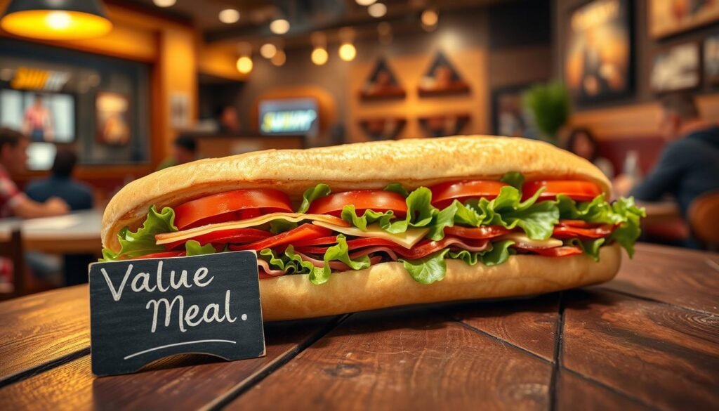 A vibrant display of a footlong sub sandwich, meticulously arranged on a rustic wooden table, with fresh vegetables peeking out. The sub is overflowing with crisp lettuce, ripe tomatoes, and layers of succulent meats and cheeses, glistening with a light coating of condiments. In the foreground, a small chalkboard sign reads “Value Meal” in elegant chalk lettering. The middle background softly blurs to reveal a cozy Subway restaurant setting, with warm, inviting lighting casting a golden hue over the scene. The atmosphere feels welcoming and appetizing, with subtle reflections of patrons enjoying meals in the distance. The composition should be captured from a slightly elevated angle, maximizing the visual appeal of the sub, showcasing its freshness and value. A vibrant display of a footlong sub sandwich, meticulously arranged on a rustic wooden table, with fresh vegetables peeking out. The sub is overflowing with crisp lettuce, ripe tomatoes, and layers of succulent meats and cheeses, glistening with a light coating of condiments. In the foreground, a small chalkboard sign reads “Value Meal” in elegant chalk lettering. The middle background softly blurs to reveal a cozy Subway restaurant setting, with warm, inviting lighting casting a golden hue over the scene. The atmosphere feels welcoming and appetizing, with subtle reflections of patrons enjoying meals in the distance. The composition should be captured from a slightly elevated angle, maximizing the visual appeal of the sub, showcasing its freshness and value.
