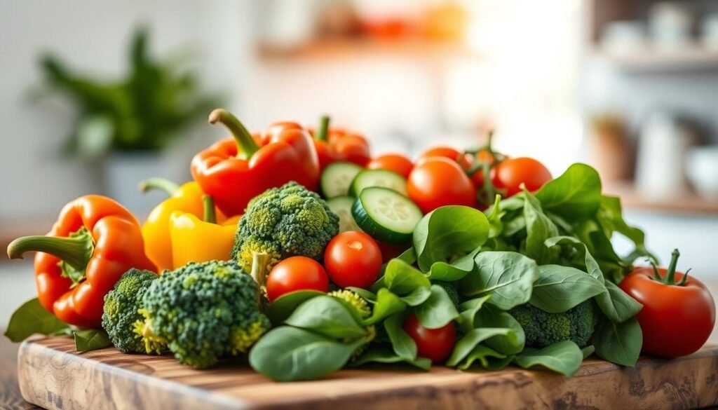 A vibrant display of fresh, gluten-free vegetables artfully arranged on a rustic wooden cutting board. In the foreground, include crisp bell peppers in shades of red, yellow, and green, alongside bright broccoli florets and tender spinach leaves. In the middle, add sliced cucumbers and cherry tomatoes, showcasing their shiny skin. The background should feature a softly blurred kitchen setting with natural light filtering in through a window, casting a warm glow over the scene. Use a shallow depth of field to keep the focus on the vegetables, enhancing their colors and textures. The atmosphere should feel wholesome and inviting, emphasizing the idea of healthy eating and safe dietary choices.
