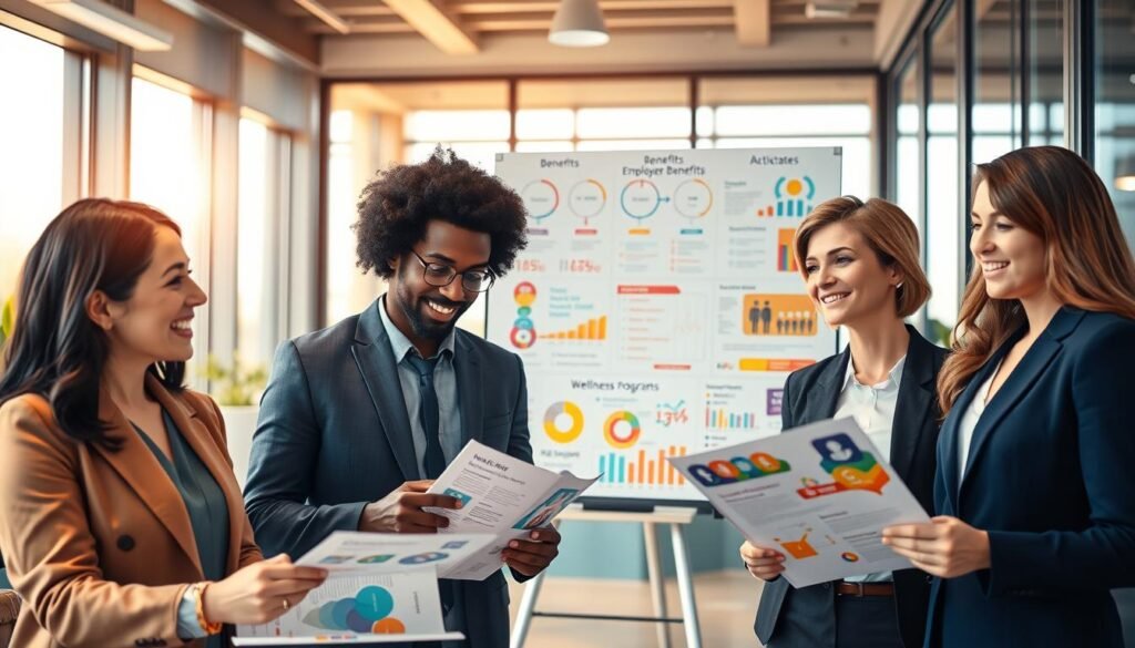 A vibrant office environment illustrating "Employee Benefits and Non-Monetary Compensation." In the foreground, a diverse group of three employees, including a woman of Asian descent, a Black man, and a Caucasian woman, engage in a friendly discussion while reviewing company brochures about benefits like healthcare, retirement plans, and wellness programs. They are dressed in professional business attire. In the middle ground, a large whiteboard displays colorful charts and infographics detailing various employee benefits, emphasizing a positive workplace culture. The background features large windows allowing warm natural light to flood the room, creating an inviting atmosphere. The overall mood is upbeat and collaborative, highlighting the importance of employee satisfaction and well-being. A vibrant office environment illustrating "Employee Benefits and Non-Monetary Compensation." In the foreground, a diverse group of three employees, including a woman of Asian descent, a Black man, and a Caucasian woman, engage in a friendly discussion while reviewing company brochures about benefits like healthcare, retirement plans, and wellness programs. They are dressed in professional business attire. In the middle ground, a large whiteboard displays colorful charts and infographics detailing various employee benefits, emphasizing a positive workplace culture. The background features large windows allowing warm natural light to flood the room, creating an inviting atmosphere. The overall mood is upbeat and collaborative, highlighting the importance of employee satisfaction and well-being.