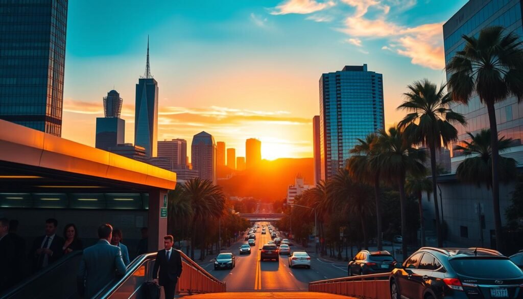A vibrant sunset over Los Angeles, showcasing the iconic skyline with skyscrapers like the US Bank Tower and the Wilshire Grand Center. In the foreground, a busy subway entrance bustling with commuters in professional business attire, capturing the city's energetic vibe. The middle ground features a palm tree-lined street with cars passing by, illuminated by warm golden light. The background reveals the rolling hills of Griffith Park, with soft hues of orange and pink in the sky, reflecting the typical Southern California atmosphere. Shot from a low angle to emphasize the towering buildings against the sunset, creating a sense of scale and movement, evoking an atmosphere of a city that never sleeps, symbolizing the connectivity and transit of daily life.