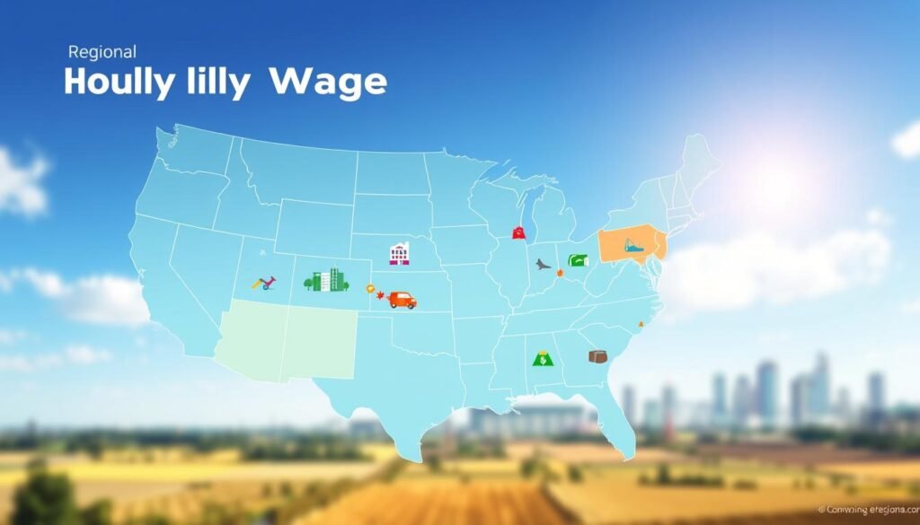 A visually engaging infographic depicting regional economic variations, highlighting factors influencing hourly wages across different locations. The foreground features a large, detailed map segmented into various regions, each colored differently to represent wage disparities. Vivid icons or symbols like factories, office buildings, and agricultural lands populate the middle ground to illustrate industries associated with each region's economy. In the background, a soft-focus skyline of a city transitions into rural landscapes, creating contrast. The lighting is bright and optimistic, suggesting growth, with a slight depth of field effect to draw focus to the map. The overall mood is informative and professional, conveying a sense of analytical exploration in the realm of economics without any text or distractions. A visually engaging infographic depicting regional economic variations, highlighting factors influencing hourly wages across different locations. The foreground features a large, detailed map segmented into various regions, each colored differently to represent wage disparities. Vivid icons or symbols like factories, office buildings, and agricultural lands populate the middle ground to illustrate industries associated with each region's economy. In the background, a soft-focus skyline of a city transitions into rural landscapes, creating contrast. The lighting is bright and optimistic, suggesting growth, with a slight depth of field effect to draw focus to the map. The overall mood is informative and professional, conveying a sense of analytical exploration in the realm of economics without any text or distractions.