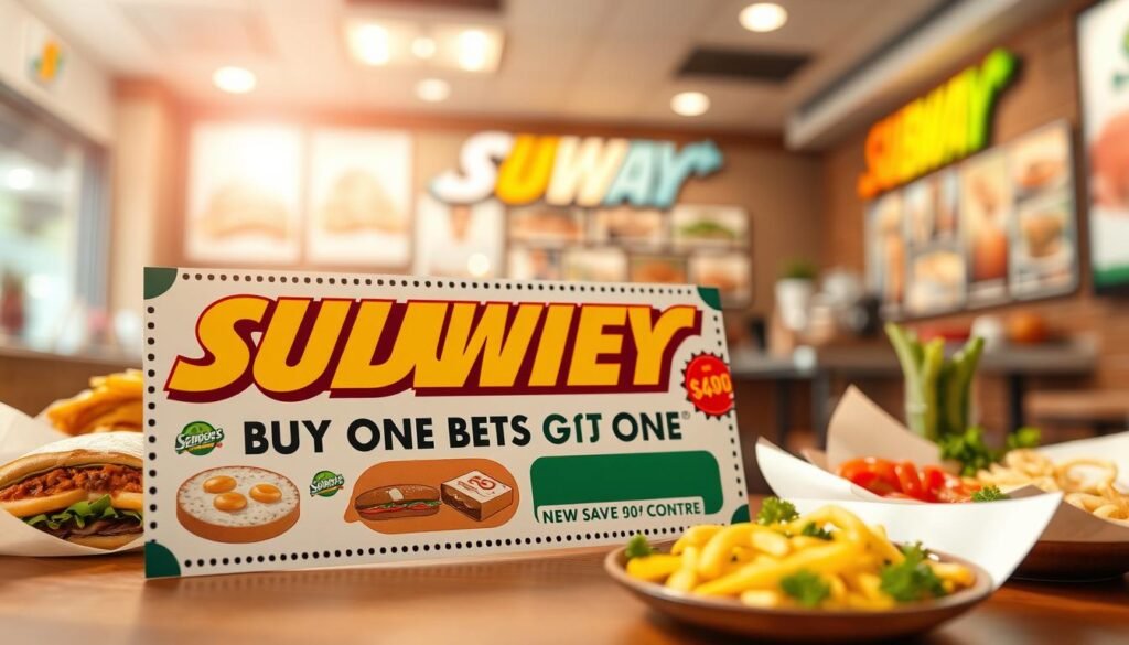 A visually engaging promotional code graphic for a "Buy One Get One Free" offer at Subway. In the foreground, an eye-catching coupon design featuring a bold, vibrant coupon code creatively integrated with appealing food images, such as fresh sandwiches and colorful salads. The middle ground showcases elegant, stylized illustrations of Subway’s signature items, arranged to create a sense of abundance and excitement. In the background, a soft-focused Subway restaurant interior with subtle lighting enhances the inviting atmosphere. The image should have a warm, optimistic glow, captured from a dynamic angle that emphasizes the coupon and food items, evoking a sense of urgency and delight in saving money. The overall mood is cheerful and inviting, tailored for a promotional context. A visually engaging promotional code graphic for a "Buy One Get One Free" offer at Subway. In the foreground, an eye-catching coupon design featuring a bold, vibrant coupon code creatively integrated with appealing food images, such as fresh sandwiches and colorful salads. The middle ground showcases elegant, stylized illustrations of Subway’s signature items, arranged to create a sense of abundance and excitement. In the background, a soft-focused Subway restaurant interior with subtle lighting enhances the inviting atmosphere. The image should have a warm, optimistic glow, captured from a dynamic angle that emphasizes the coupon and food items, evoking a sense of urgency and delight in saving money. The overall mood is cheerful and inviting, tailored for a promotional context.