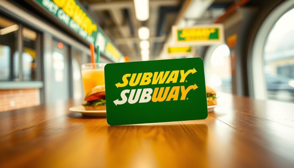 A vivid depiction of a Subway gift card prominently displayed in the foreground, showcasing its vibrant green and yellow colors with the iconic Subway logo. The card should be resting on a sleek wooden table, hinting at a modern café atmosphere. In the middle ground, include a subtle arrangement of fresh Subway sandwiches and a refreshing drink, suggesting a delightful meal experience. The background features soft, blurred elements of a busy subway station, creating a dynamic yet inviting environment. Utilize warm, natural lighting to give the scene a friendly, casual mood. The angle should be slightly tilted from above, drawing attention to the gift card while evoking a sense of excitement about savings and promotions. A vivid depiction of a Subway gift card prominently displayed in the foreground, showcasing its vibrant green and yellow colors with the iconic Subway logo. The card should be resting on a sleek wooden table, hinting at a modern café atmosphere. In the middle ground, include a subtle arrangement of fresh Subway sandwiches and a refreshing drink, suggesting a delightful meal experience. The background features soft, blurred elements of a busy subway station, creating a dynamic yet inviting environment. Utilize warm, natural lighting to give the scene a friendly, casual mood. The angle should be slightly tilted from above, drawing attention to the gift card while evoking a sense of excitement about savings and promotions.