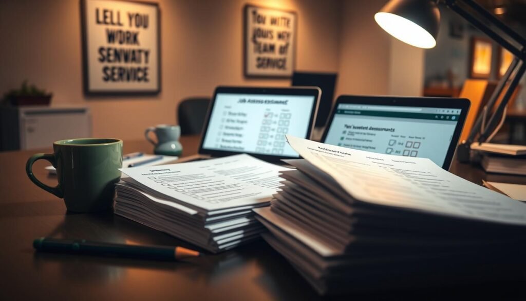 A well-organized desk scene depicting a job assessment questionnaire for Subway. In the foreground, a neatly arranged stack of printed questionnaires lies next to a pencil and a coffee cup, conveying a sense of professionalism. The middle ground features an open laptop displaying a digital version of the questionnaire with checklist items, surrounded by notes and a smartphone. The background includes a softly blurred office environment with a motivational poster about teamwork and service, subtly emphasizing a work atmosphere. The lighting is warm and inviting, with a slight glow from a desk lamp illuminating the papers. A shallow depth of field creates a focused and intimate mood, making the viewer feel engaged with the assessment process. A well-organized desk scene depicting a job assessment questionnaire for Subway. In the foreground, a neatly arranged stack of printed questionnaires lies next to a pencil and a coffee cup, conveying a sense of professionalism. The middle ground features an open laptop displaying a digital version of the questionnaire with checklist items, surrounded by notes and a smartphone. The background includes a softly blurred office environment with a motivational poster about teamwork and service, subtly emphasizing a work atmosphere. The lighting is warm and inviting, with a slight glow from a desk lamp illuminating the papers. A shallow depth of field creates a focused and intimate mood, making the viewer feel engaged with the assessment process.