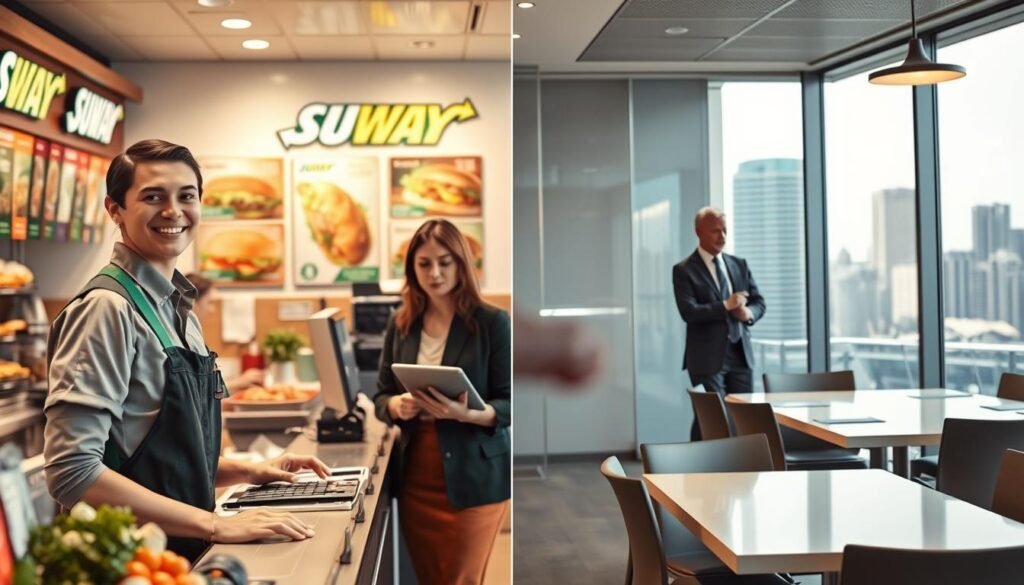 A well-organized restaurant scene showcasing the differences between restaurant and corporate roles. In the foreground, a young team member in a Subway uniform, taking orders with a warm smile at a busy counter, surrounded by fresh ingredients. In the middle, a corporate professional in business attire, holding a tablet and discussing strategies with colleagues in a sleek, modern office setting with large windows overlooking the city skyline. The background features vibrant Subway décor, with posters of their menu, and the contrast of a polished corporate boardroom, reflecting professionalism. Soft, natural lighting enhances the inviting atmosphere of the restaurant while the corporate space is brightly lit, exuding a clear, focused mood. Capture this duality between the energetic restaurant environment and the structured corporate atmosphere. A well-organized restaurant scene showcasing the differences between restaurant and corporate roles. In the foreground, a young team member in a Subway uniform, taking orders with a warm smile at a busy counter, surrounded by fresh ingredients. In the middle, a corporate professional in business attire, holding a tablet and discussing strategies with colleagues in a sleek, modern office setting with large windows overlooking the city skyline. The background features vibrant Subway décor, with posters of their menu, and the contrast of a polished corporate boardroom, reflecting professionalism. Soft, natural lighting enhances the inviting atmosphere of the restaurant while the corporate space is brightly lit, exuding a clear, focused mood. Capture this duality between the energetic restaurant environment and the structured corporate atmosphere.